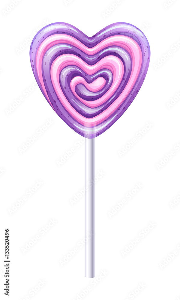 Heart purple and pink lollipop candy vector illustration.