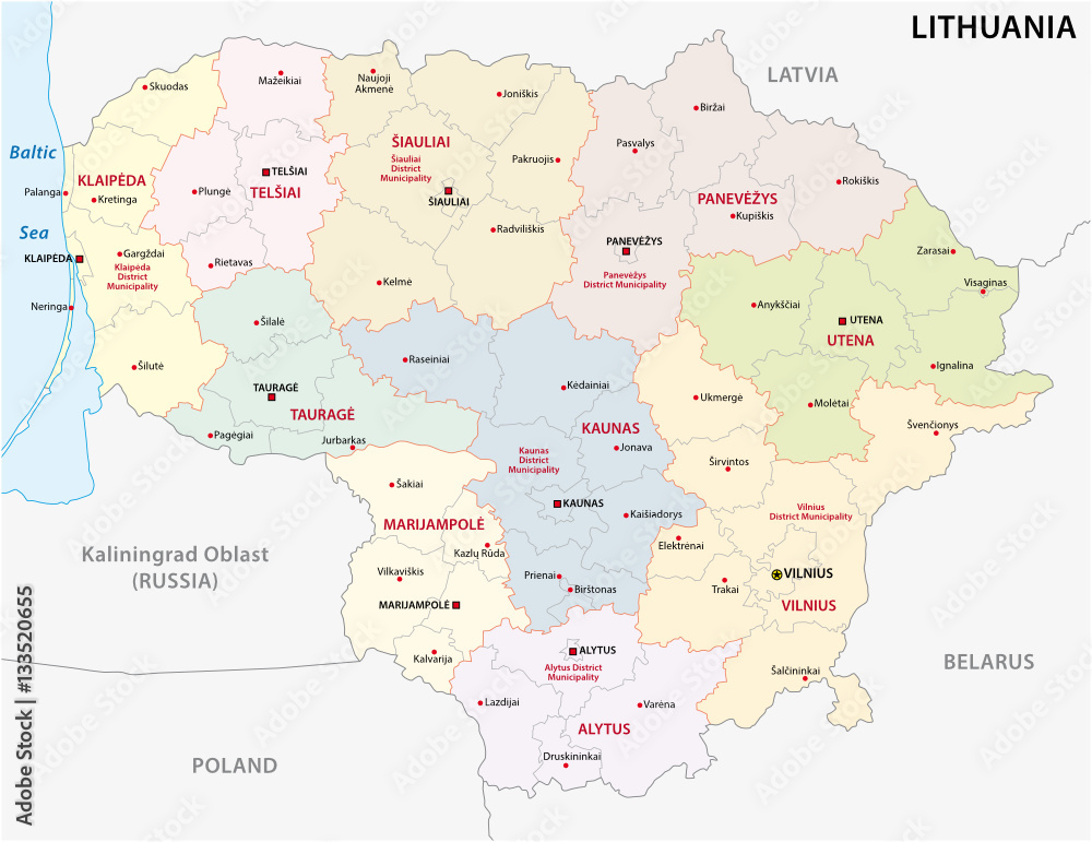 Fototapeta premium Administrative and political vector map of the Baltic republic of Lithuania
