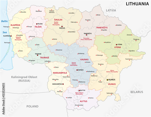Administrative and political vector map of the Baltic republic of Lithuania photo