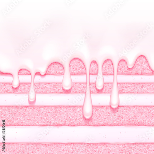 Pink strawberry and cream sponge cake background. Colorful seamless texture.