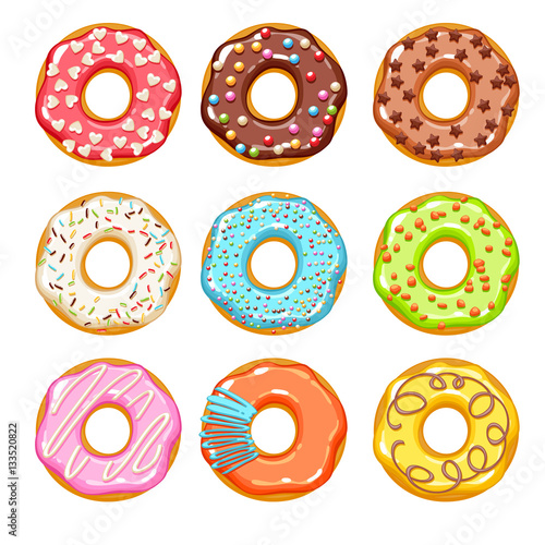 Colorful donuts icons set. Sweet bakery vector.