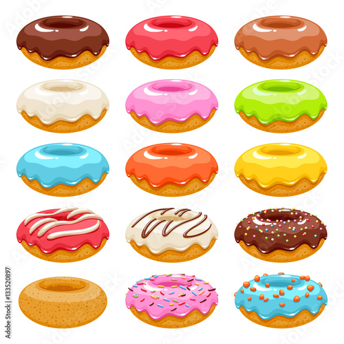 Colorful donuts icons set. Sweet bakery vector.