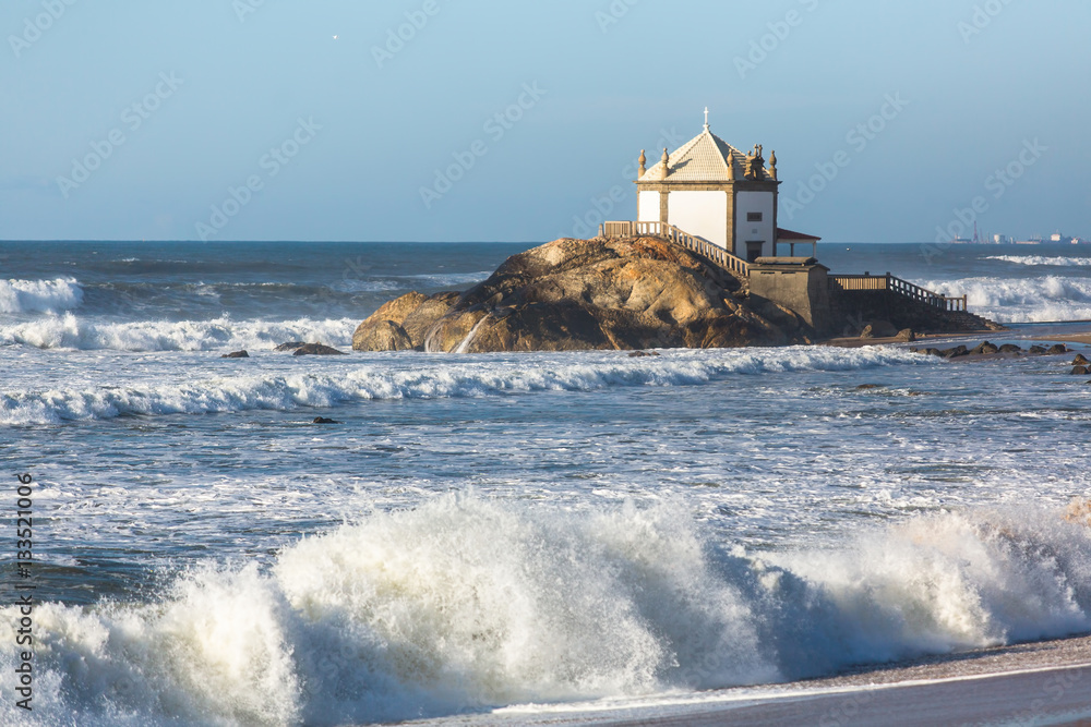 Miramar Beach (Praia de Miramar) and chapel Senhor da Pedra, Vila Nova de Gaia, Portugal.