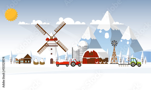 Winter Abstract Farmland Landscape in Flat Design. Vector Illustration.
