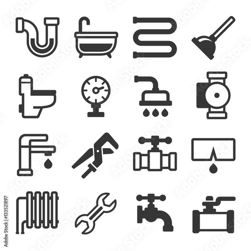 Plumbing Icons Set on White Background. Vector