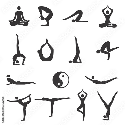 Yoga fitness icons. 
Fifteen black  Icons of different yoga positions. Vector available.