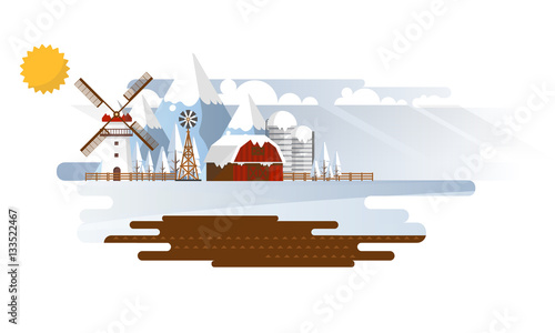 Winter Abstract Farmland Landscape in Flat Design. Vector Illustration.