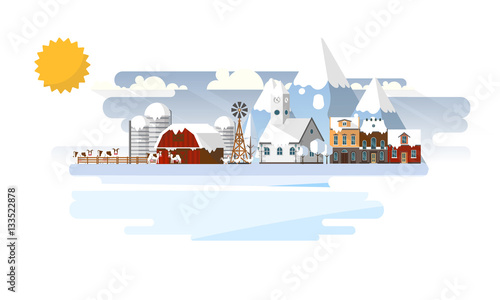 Winter Abstract Farmland Landscape in Flat Design. Vector Illustration.