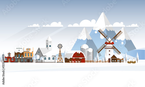 Winter Abstract Farmland Landscape in Flat Design. Vector Illustration.