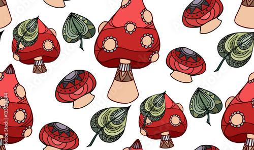 Seamless texture with poisonous mushroom Amanita, decorated boho pattern. Doodle element. Vector element for wraps, wallpaper and your design.