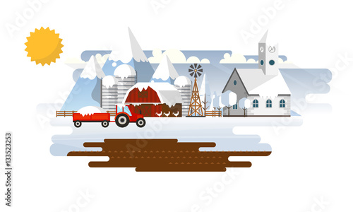 Winter Abstract Farmland Landscape in Flat Design. Vector Illustration.
