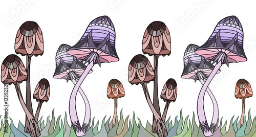 Seamless border with colored mushrooms decorated boho pattern and grass. Doodle element. Vector element for invitations, greeting cards, and your design.