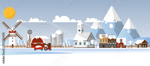 Winter Abstract Farmland Landscape in Flat Design. Vector Illustration.