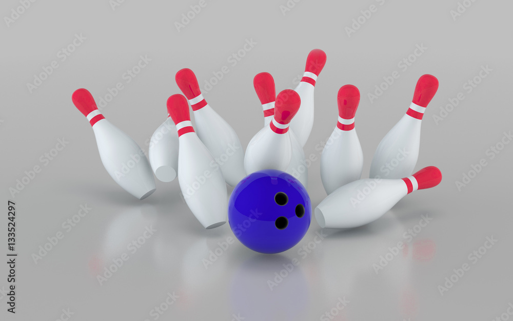Bowling ball crashing into the pins. 3D rendering illustration. Bowling ball crashing into the pins. 3D rendering illustration.