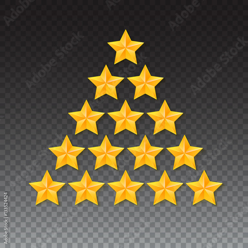 Set of rating stars. Gold  metal five-pointed stars in the shape of a Christmas tree. isolated on transparent background