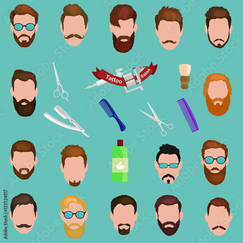 Set of men cartoon hairstyles with beards and mustache. Collection  fashionable stylish   . Vector illustration  isolated hipsters  on a white background.