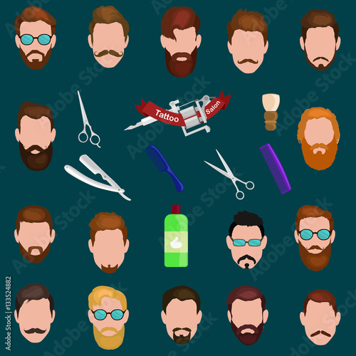 Set of men cartoon hairstyles with beards and mustache. Collection  fashionable stylish   . Vector illustration  isolated hipsters  on a white background.