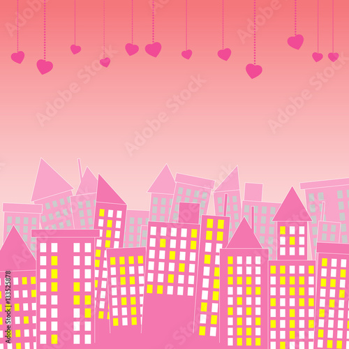 Lovely scne of city town with hanging pink heart