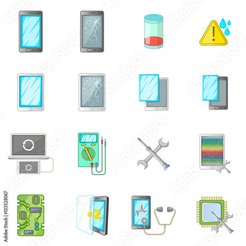 Broken phones fix icons set, cartoon style