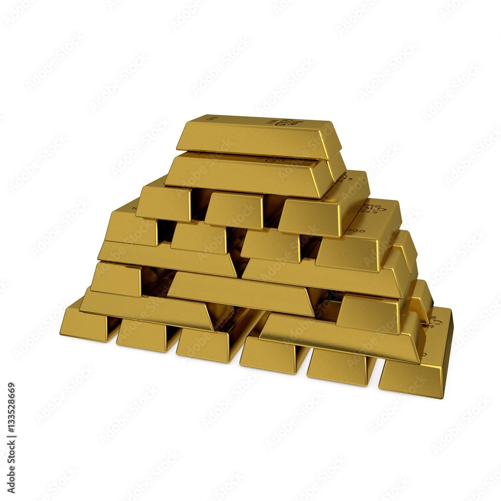 Pyramid from golden bars.Isolated on white. 3D rendering illustr Pyramid from golden bars.Isolated on white. 3D rendering illustr