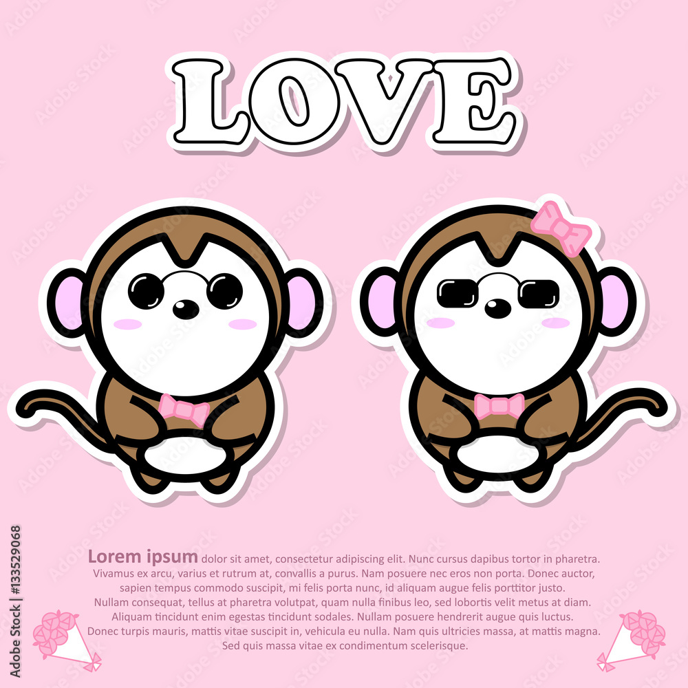 Lovely couple cute monkey wear sunglass with pink bow tie in Valentine concept