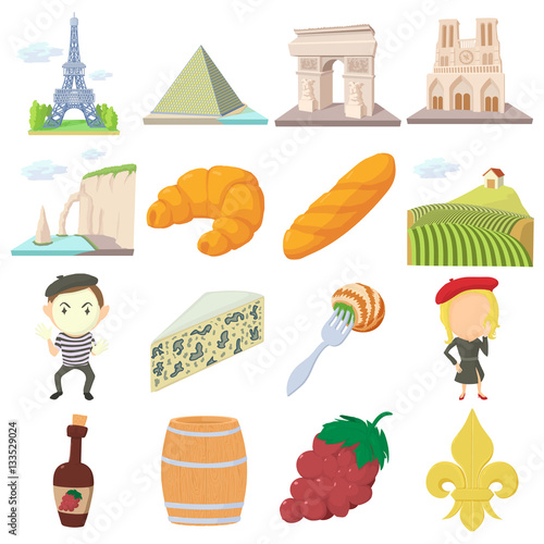 France travel icons set, cartoon style