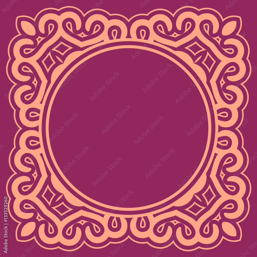 Violet round ornamental background with decorative frame. Retro napkin design in flat and simple style