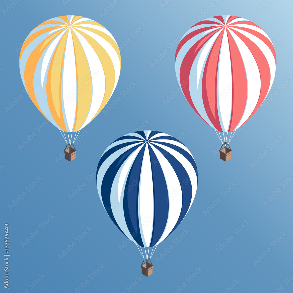 Naklejka premium Set isometric striped hot air balloons flying in the blue sky vector illustration