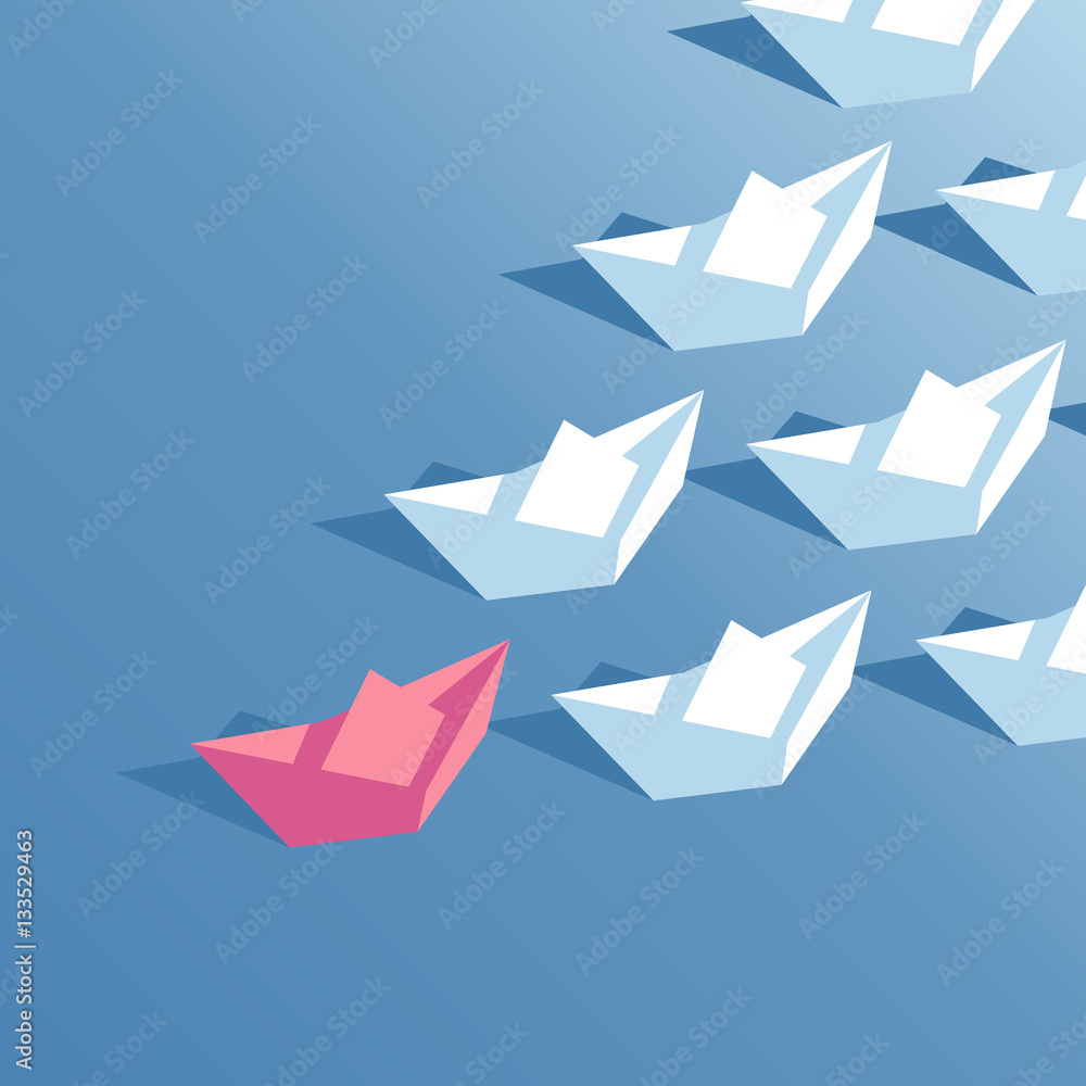 Red paper boat floating at the head of a group of white paper boats isometric illustration. business concept leader and team Red paper boat floating at the head of a group of white paper boats isometric illustration. business concept leader and team