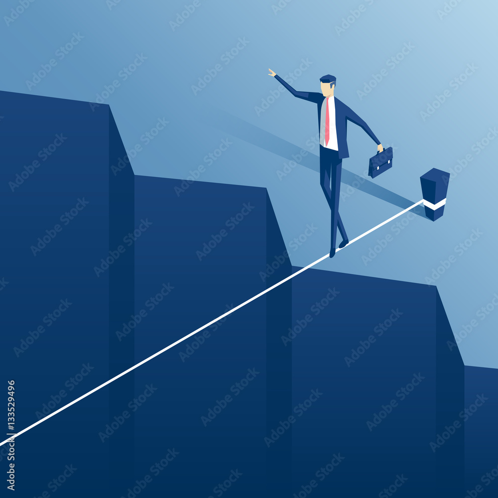 Isometric businessman tightrope walker is on the rope over the cliff. Clerk tightrope walker teetering on the cable over the abyss.Business concept obstacle and the risk Isometric businessman tightrope walker is on the rope over the cliff. Clerk tightrope walker teetering on the cable over the abyss.Business concept obstacle and the risk
