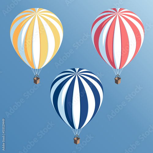 Set isometric striped hot air balloons flying in the blue sky vector illustration