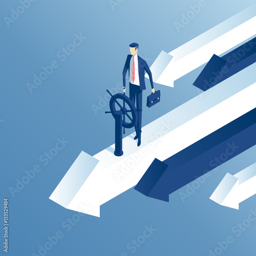 Businessman at the helm of rides on the arrow. An employee flies on top arrow isometric illustration. Business concept of control and right direction