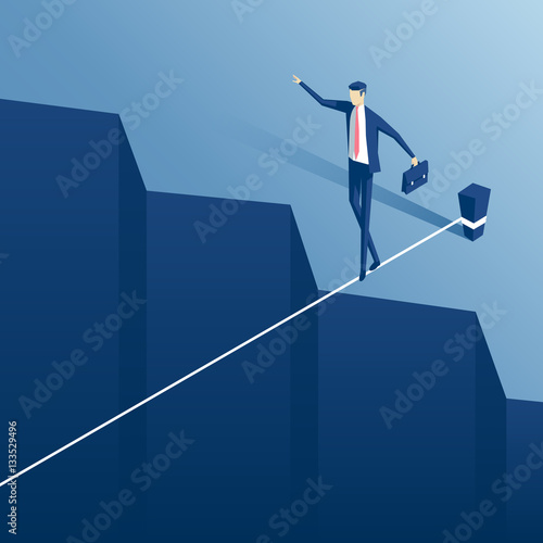 Isometric businessman tightrope walker is on the rope over the cliff. Clerk tightrope walker teetering on the cable over the abyss.Business concept obstacle and the risk