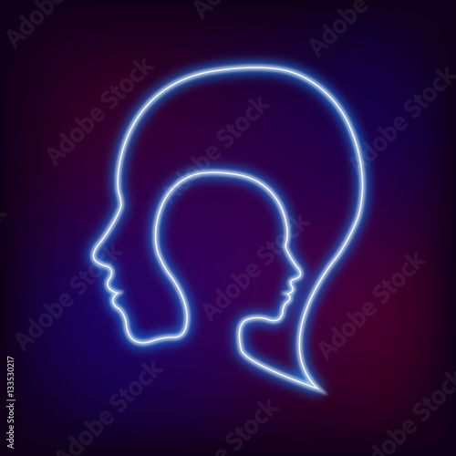 Modern Neon logo head sign of Psychology. Profile Human. Creative style. Symbol in . Design concept. Brand company. Blue color isolated on blur background. Icon for web, print, logotype