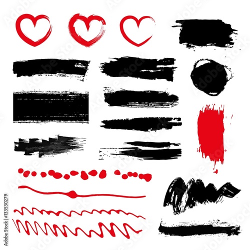 Set of black paint, ink brush strokes, brushes, lines. Dirty artistic design elements, boxes, frames for text.