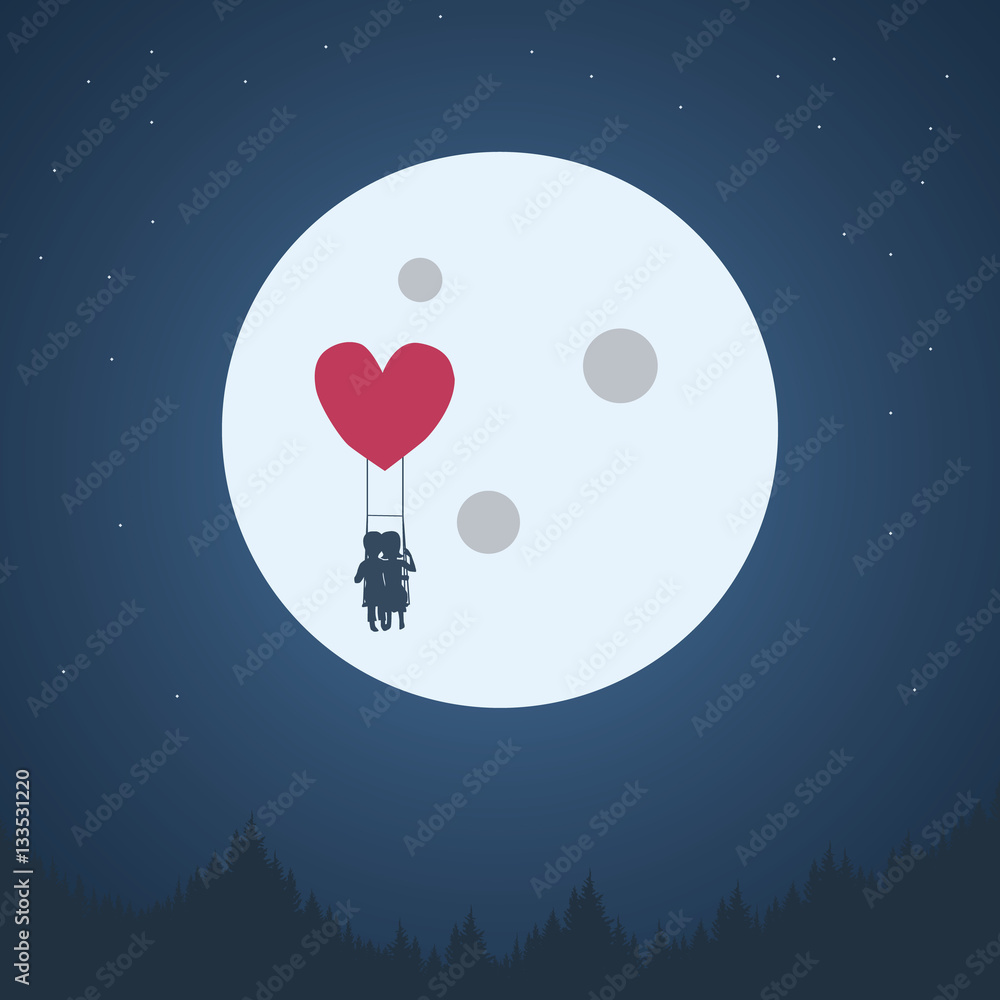 Valentine S Day Romantic Background Boy And Girl Cute Adorable Couple In Love Flying With Heart Shape Balloon At Night Under Moon Valentine Card Wallpaper Stock Vector Adobe Stock