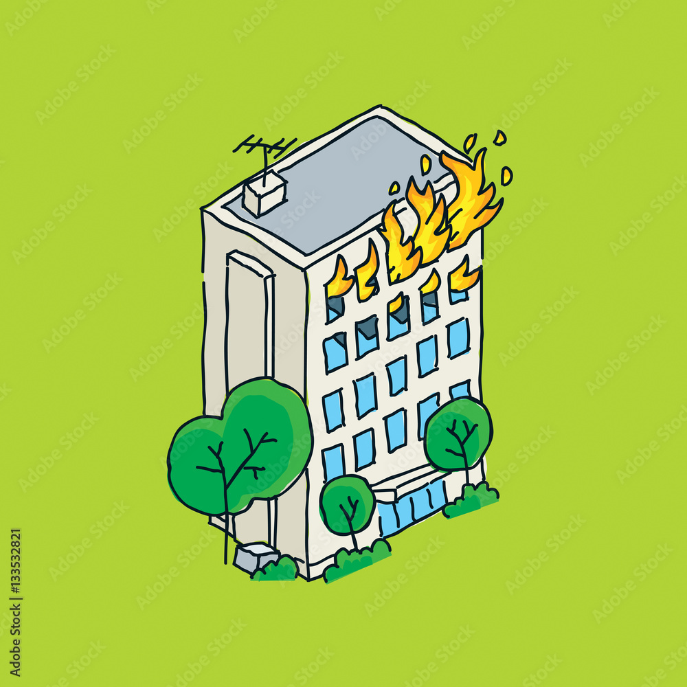 A cartoon of an apartment building on fire with flames bursting out of