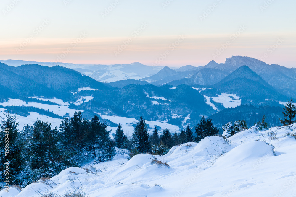 Winter panorama of Pieniny mountain with Three Crowns Peak. Winter panorama of Pieniny mountain with Three Crowns Peak.