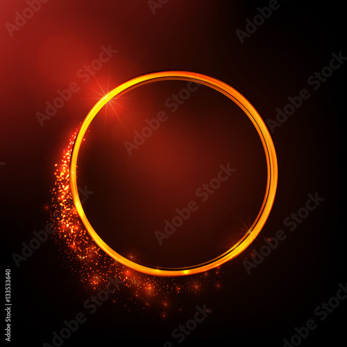 Golden shiny rings. Ornate vector banner. Light effects, glare and reflections. Glowing stellar dust. Template for text.