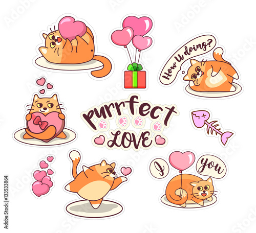 Fat cat sticker set for Saint Valentine's Day. Cartoon style design. Vector illustration with cute pet in love. Hearts, gifts, balloons on white background.
