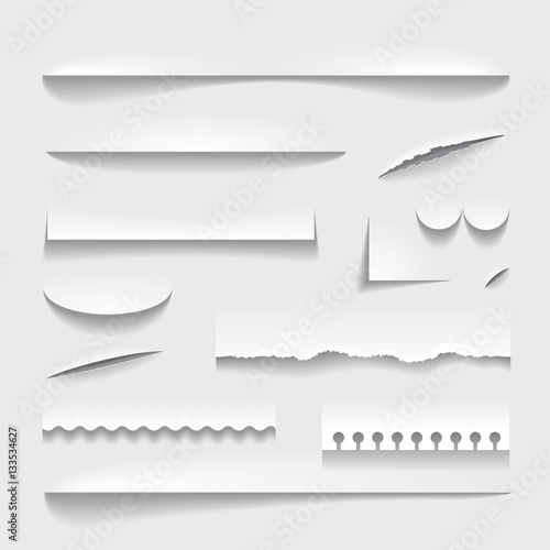 Transparent realistic paper shadow effect set. Perforated ripped torn jagged cut edges vector illustration