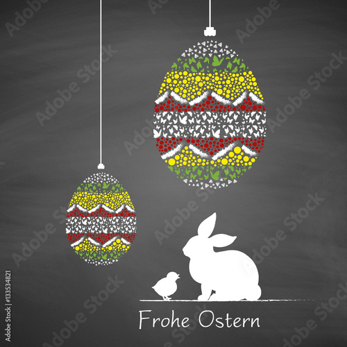 Ostermotiv | Ostereier und Osterhase | Frohe Ostern auf Schiefertafel