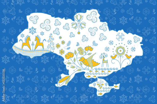 Map of Ukraine national ornament (blue) © dinatychynska