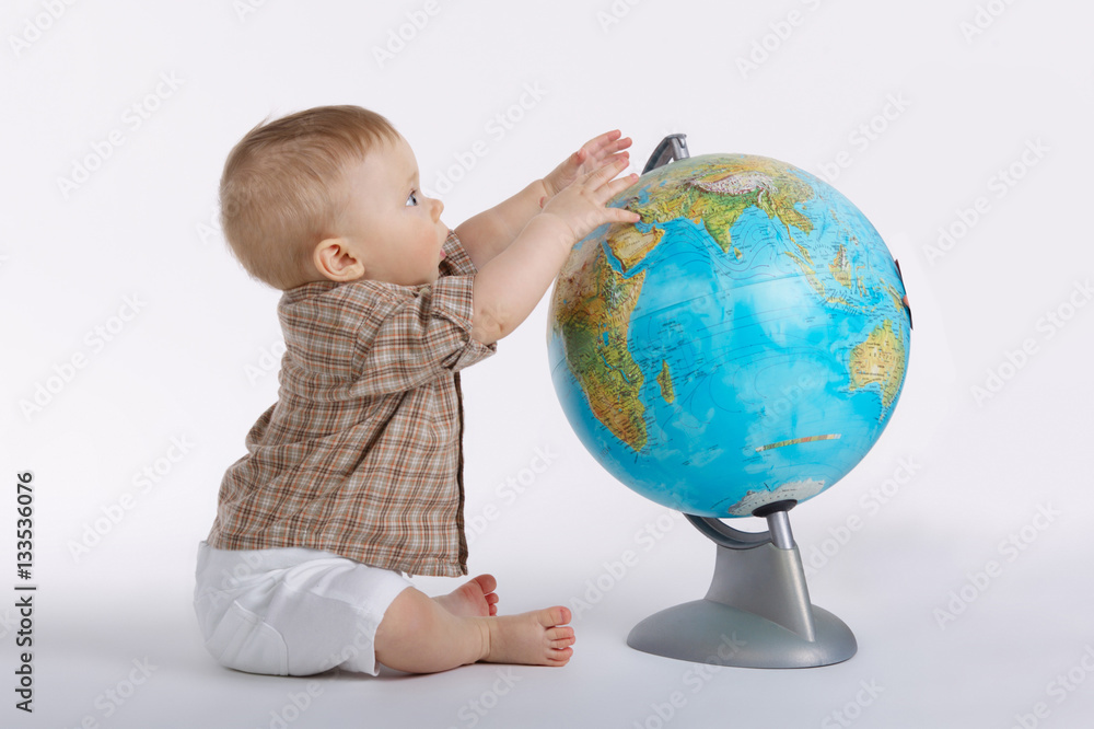 little funny boy with globe on white little funny boy with globe on white