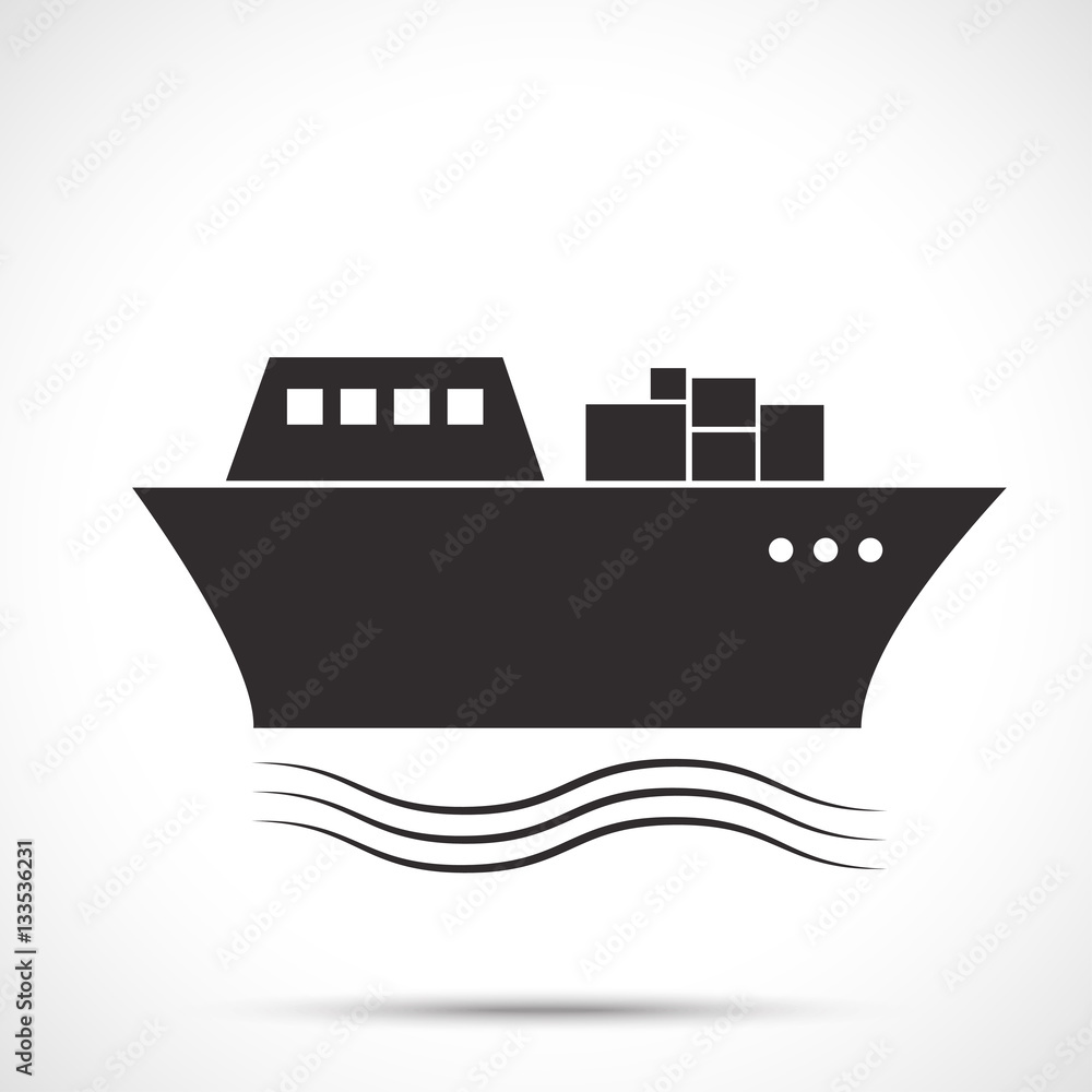 Obraz premium Silhouette of the sea tanker ship on the ocean waves. Sea freight transport. Shipping delivery icon.