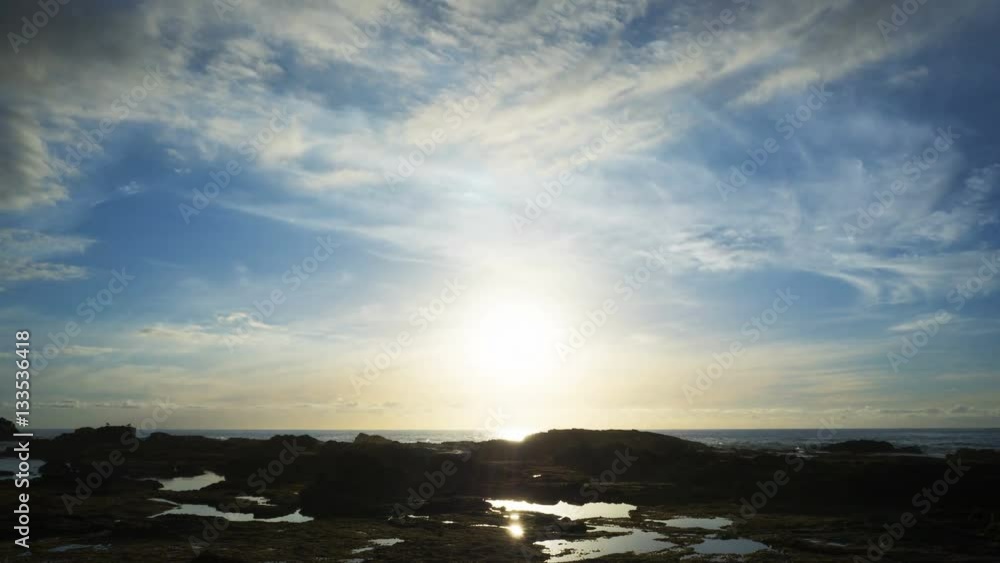 Idyllic view of clouds rolling over beach. Day to sunset time lapse of beautiful sea and shore. Scenic view of sky changing color due to sunset. 4K resolution. Idyllic view of clouds rolling over beach. Day to sunset time lapse of beautiful sea and shore. Scenic view of sky changing color due to sunset. 4K resolution.