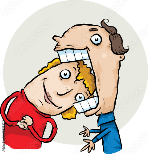 A cartoon couple showing off with the woman sticking her head inside the mouth of the man.