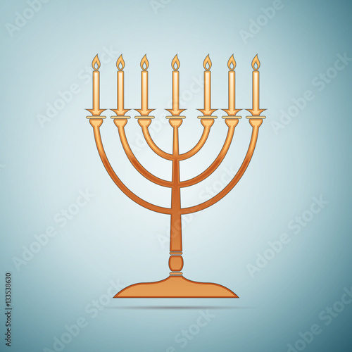 Gold Hanukkah menorah icon on blue background. Vector Illustration
