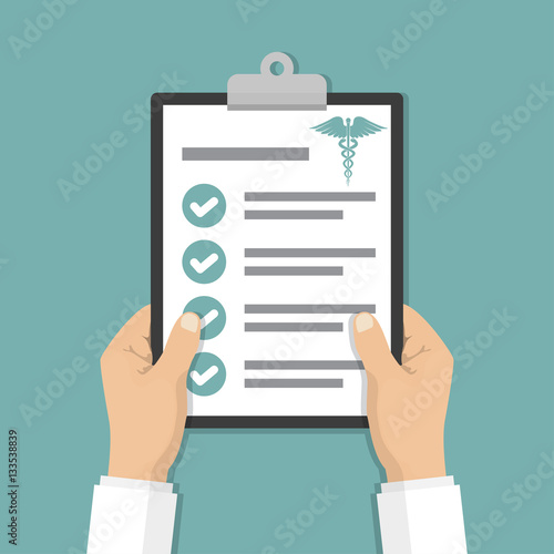 Docror hands holding clipboard checklist in a flat design