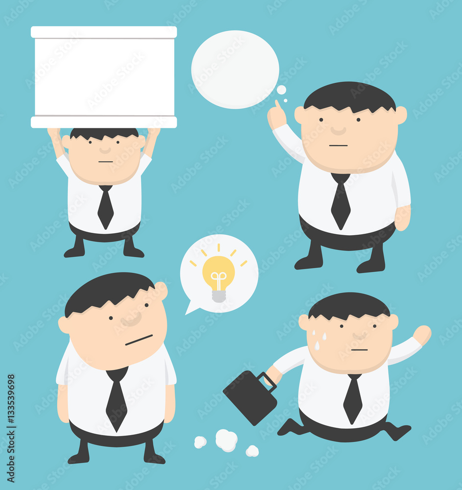 Business fat cartoon set holding signs, Think, Run,textbox